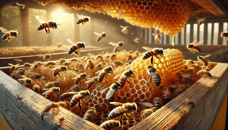Abejas en un panal dentro de una colmena: la apicultura y su impacto en la biodiversidad y la producción sostenible
